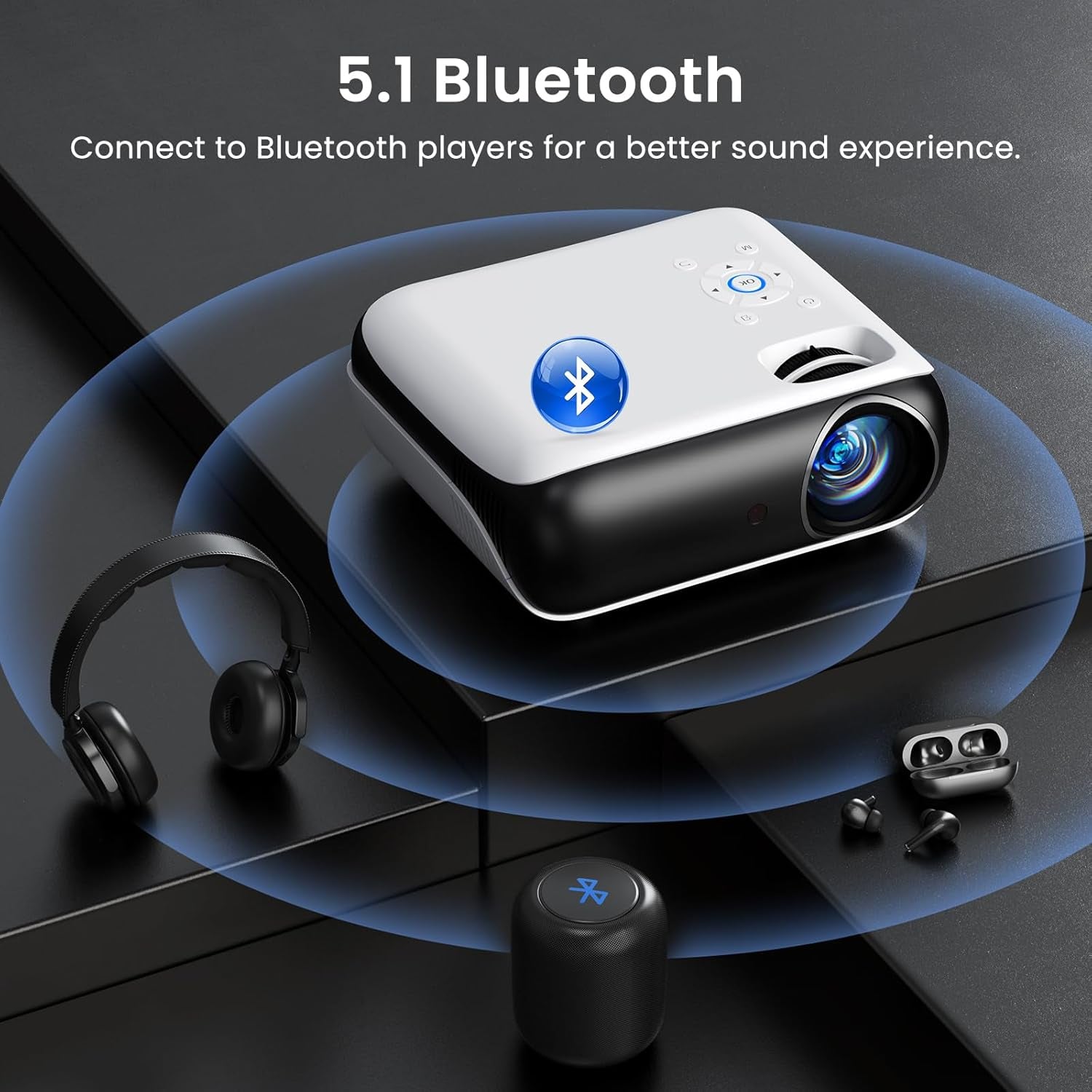 Projector, Native 1080P Bluetooth Portable Outdoor Movie Projector, Full HD Mini Projector with Speaker for Home Bedroom, Compatible with Smartphone,Hdmi,Usb,Av,Fire Stick,Ps5A