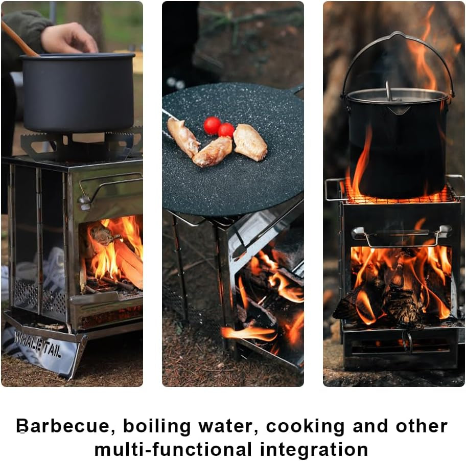 Camping Wood Stove, Wood Burning Folding Camp Titanium Stove Stainless Steel Grid, Portable Collapsible Backpacking Stove Survival Barbecue Grill for Hiking Outdoor Tent Camping Picnic BBQ