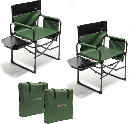 2 Pack  Camping Directors Chair, Heavy Duty,Oversized Portable Folding Chair with Side Table, Pocket for Beach, Fishing,Trip,Picnic,Lawn,Concert Outdoor Foldable Camp Chairs (Green)