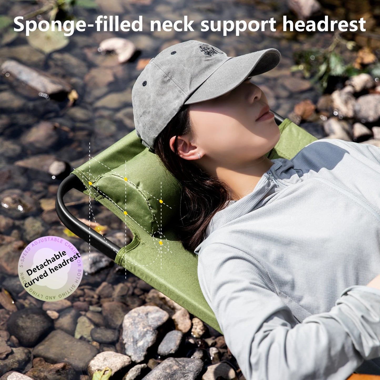 Camping Folding Chair Adjustable Armrest Portable Relaxing Chair with Detachable Pillow for Beach Travel Hiking