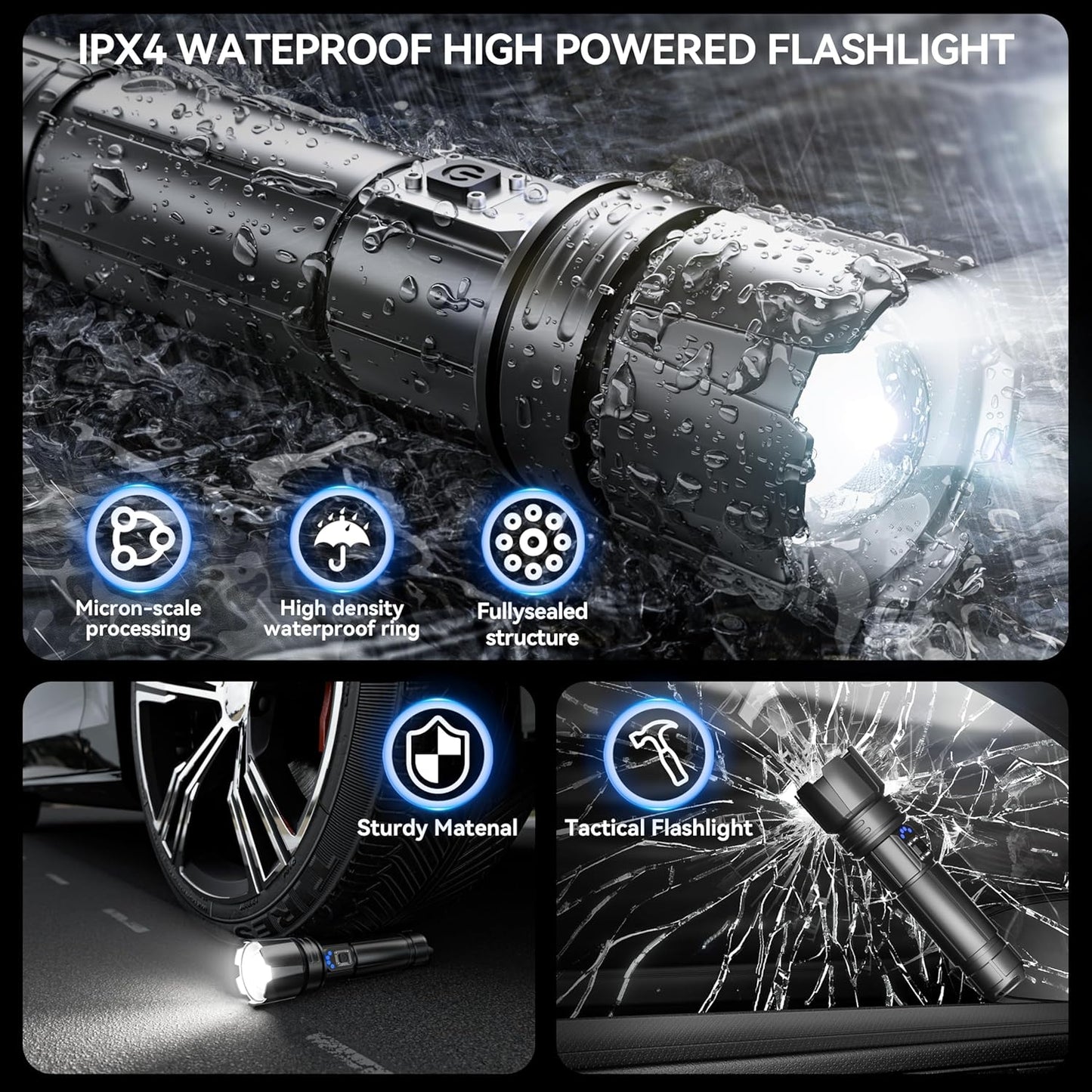 AUSELECT LED Torch Rechargeable Handheld Flashlight - 20000 High Lumens Adjustable Focus Flashlights with 6 Mode, Waterproof Tactical Torches with Battery Pack for Emergency, Camping, Hiking, Outdoor