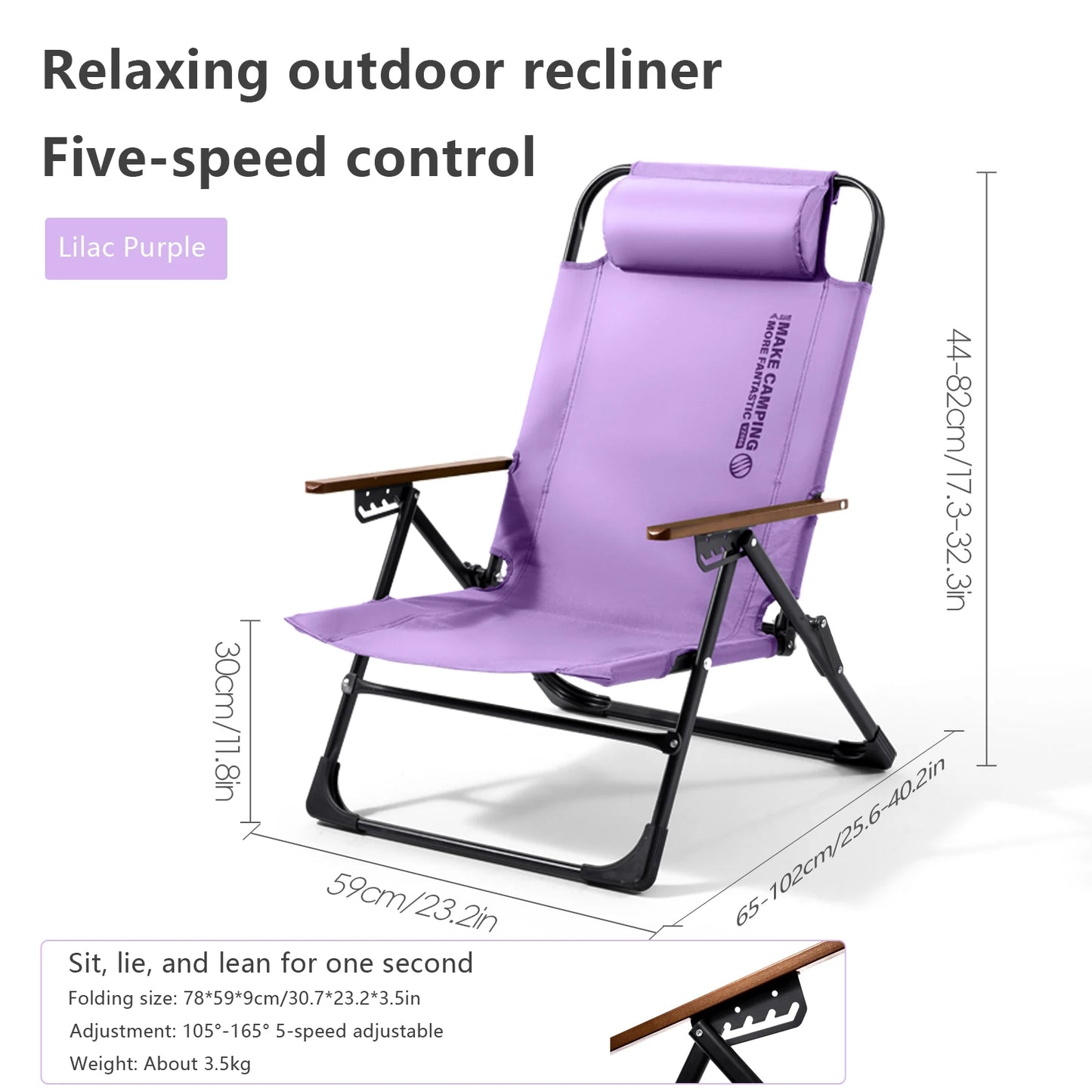 Camping Folding Chair Adjustable Armrest Portable Relaxing Chair with Detachable Pillow for Beach Travel Hiking