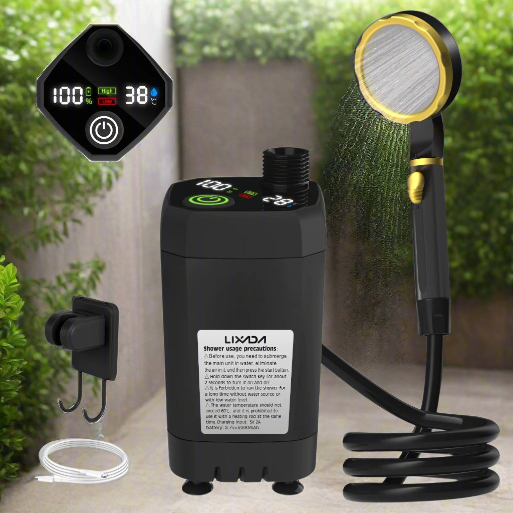 Camping Shower Pump RV Outdoor Shower Kit Camp Shower W/Full Screen Intelligent Digital Display Adjustable 6000Mah Shower Kit