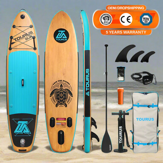 TOURUS 2023 April New Arrival Blue Wood Double Layers Sup Boards YOGA Inflatable Stable Stand up Paddle Board 11Feet 33Inch