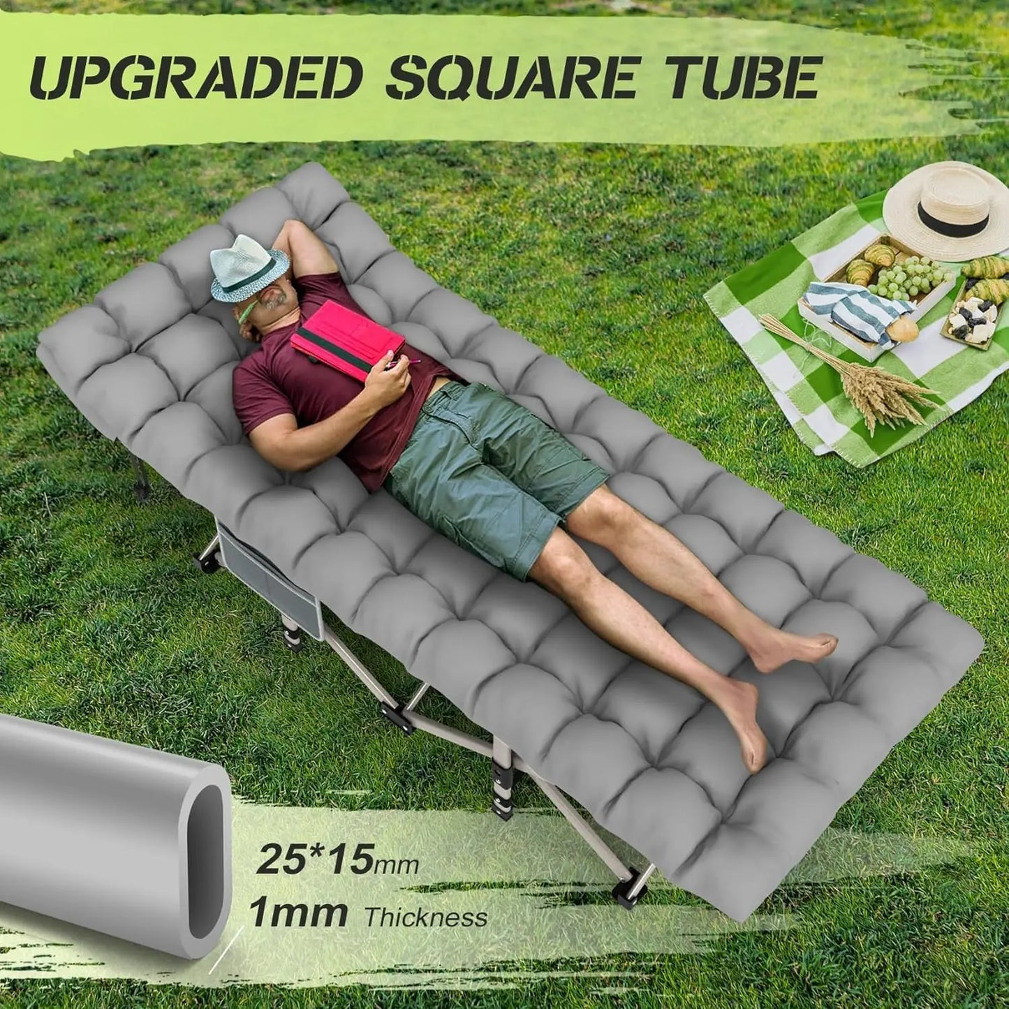 Folding Camping Cot Bed for Adults - 280KG Max Load, Extra Wide with Thick Mattress, Portable Folding Cot for Outdoor Camping Of
