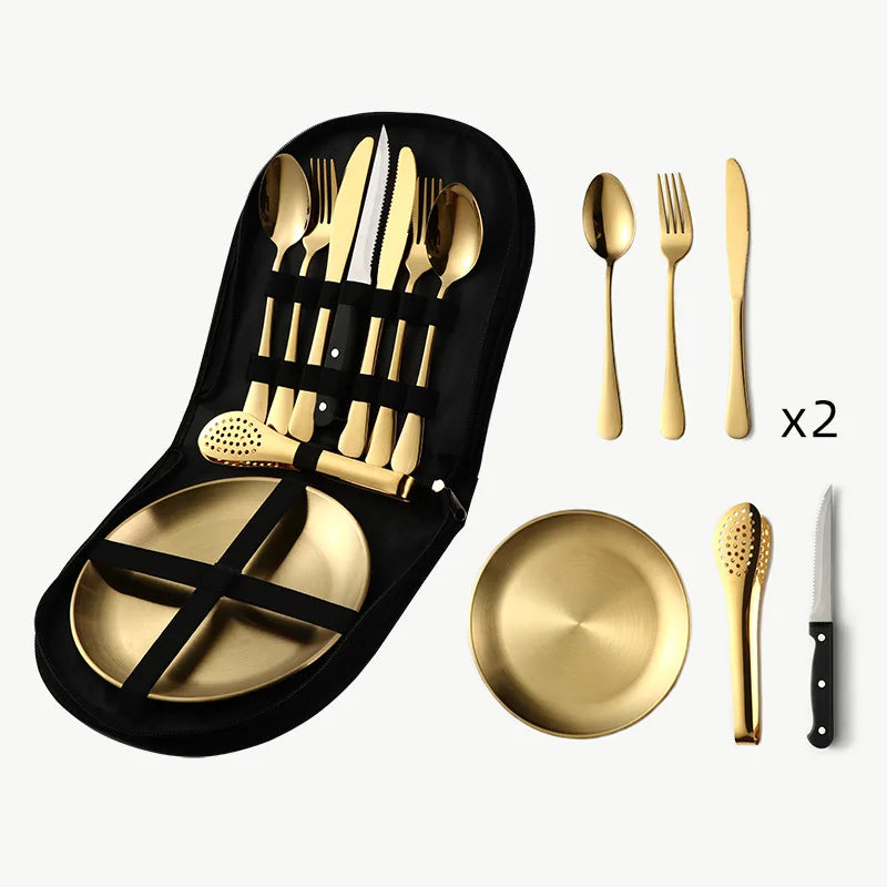 HDIRXG Stainless Steel Picnic Tableware 9-Piece Set Portable Camping Tourism Tableware Outdoor Nature Hike Cooking Supplies