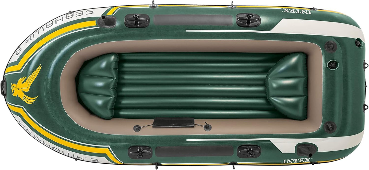 68380NP Seahawk 3 Inflatable Boat Set: Includes Deluxe 137 Cm Boat Oars and High-Output Pump – Superstrong PVC – Fishing Rod Holders – 3-Person – 358 Kg Weight Capacity