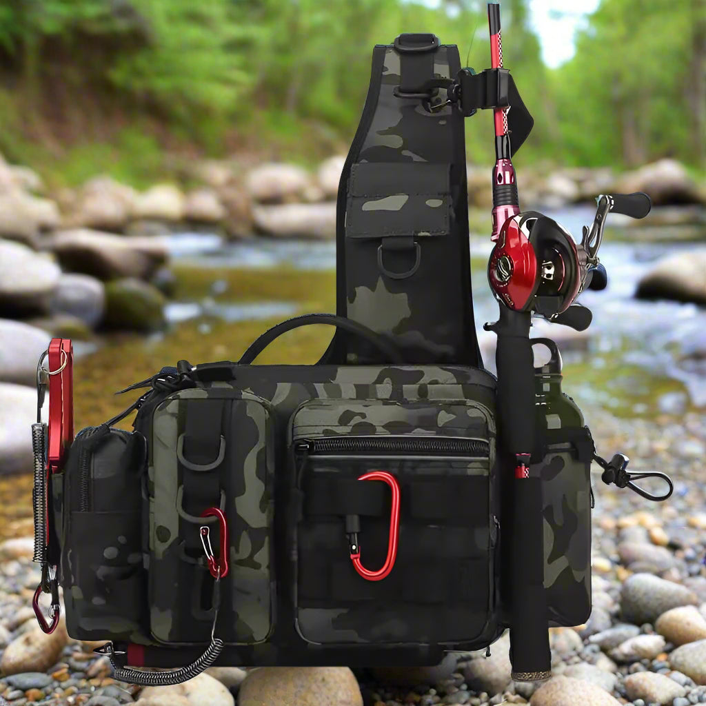 Fishing Tackle Backpack Lure Box Gear Storage Bag Fanny Pack for Men Fly Fishing Backpack with Rod Holder Sling Shoulder Bag