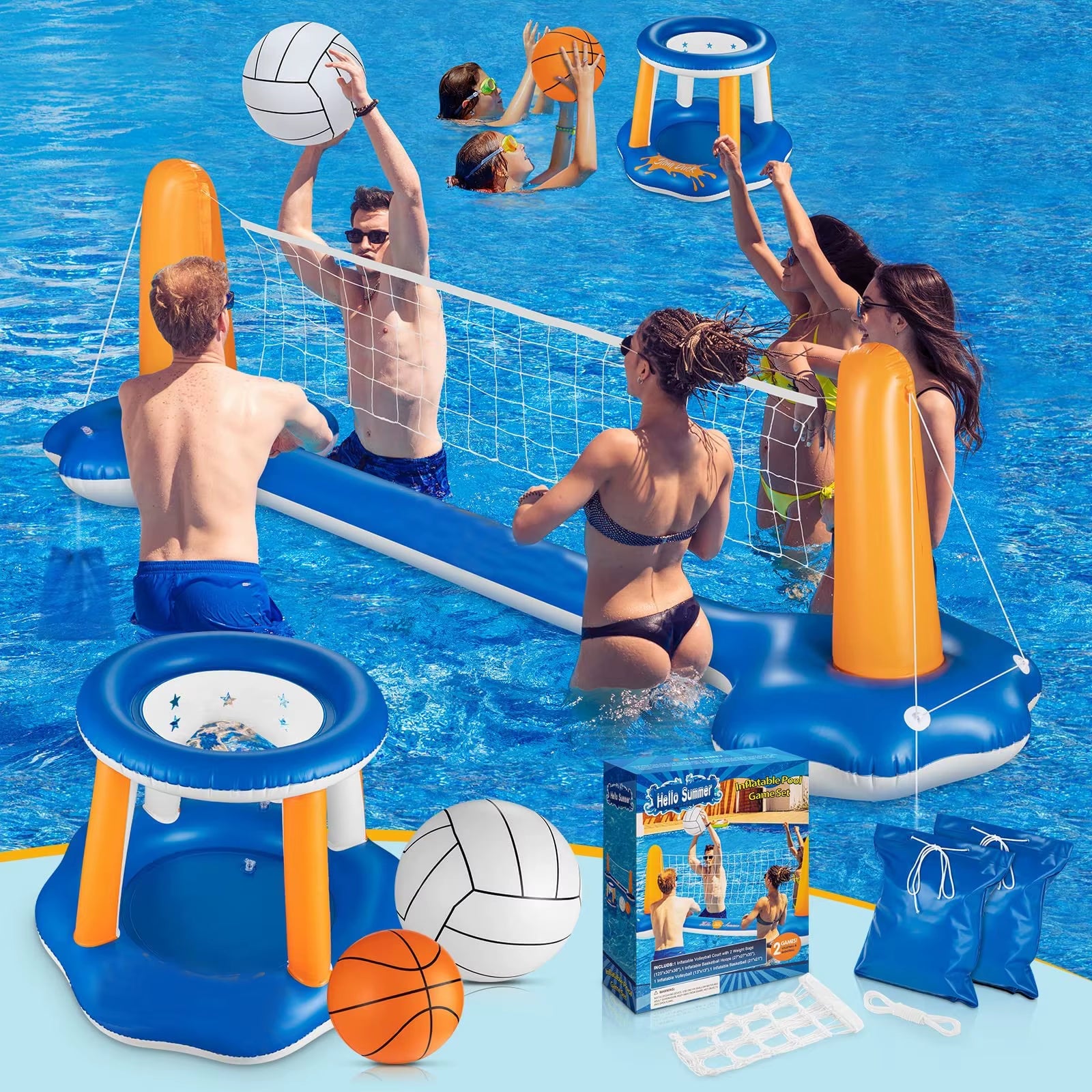 Adult Water Entertainment Inflatable Volleyball Stand-Inflatable Basketball Stand-Suitable for Summer Swimming Pool Water Event Party