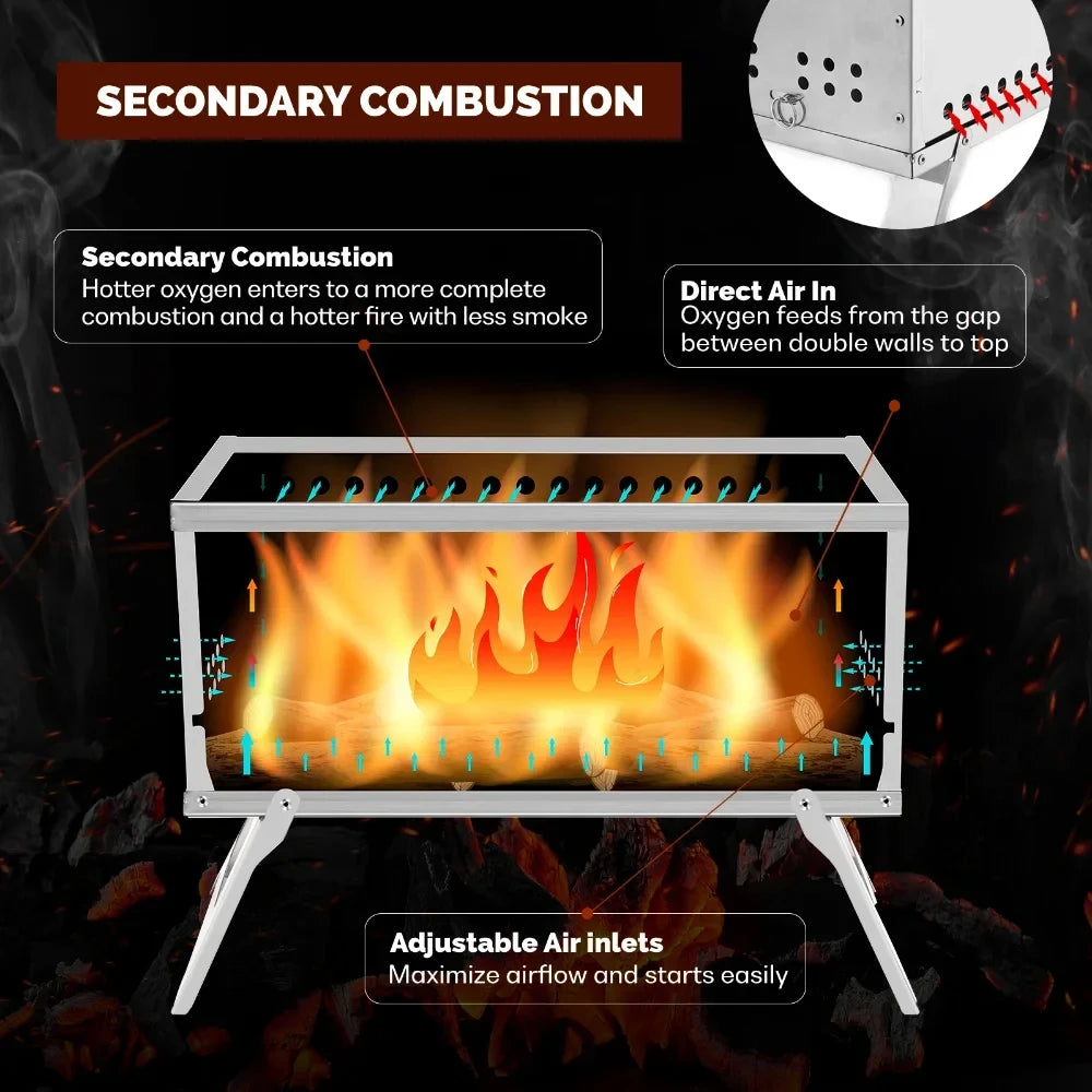 Portable Outdoor Stove Secondary Combustion with Chimney Fastfold Lightweight Compact Durable Folding Wood Burning for Camping