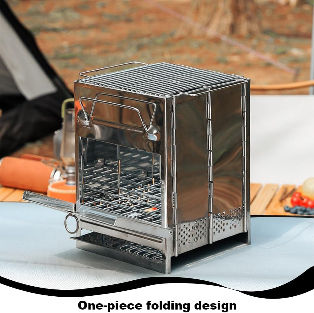 Camping Wood Stove, Wood Burning Folding Camp Titanium Stove Stainless Steel Grid, Portable Collapsible Backpacking Stove Survival Barbecue Grill for Hiking Outdoor Tent Camping Picnic BBQ