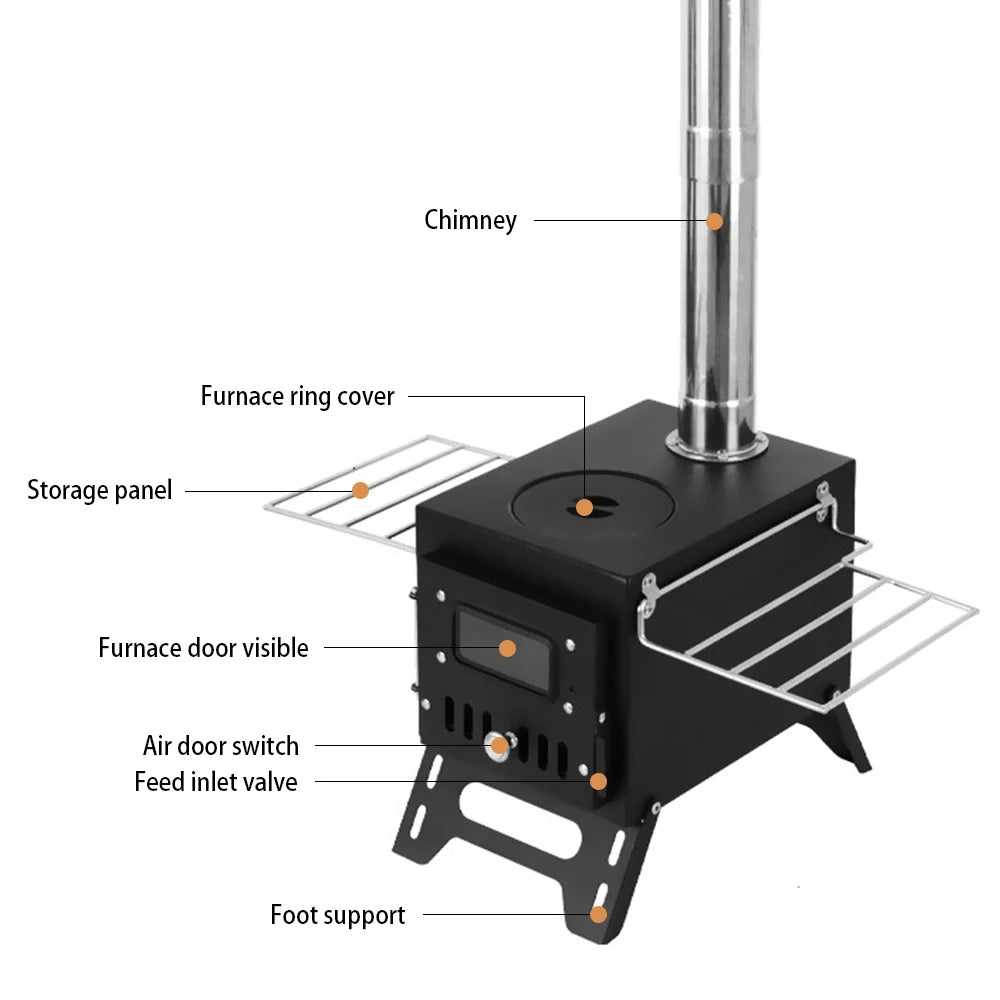 Outdoor Camping Wood-Burning Stove Firewood Burner Stainless Steel Foldable Tent Heater with Tent Fire Window Patio Fireplace