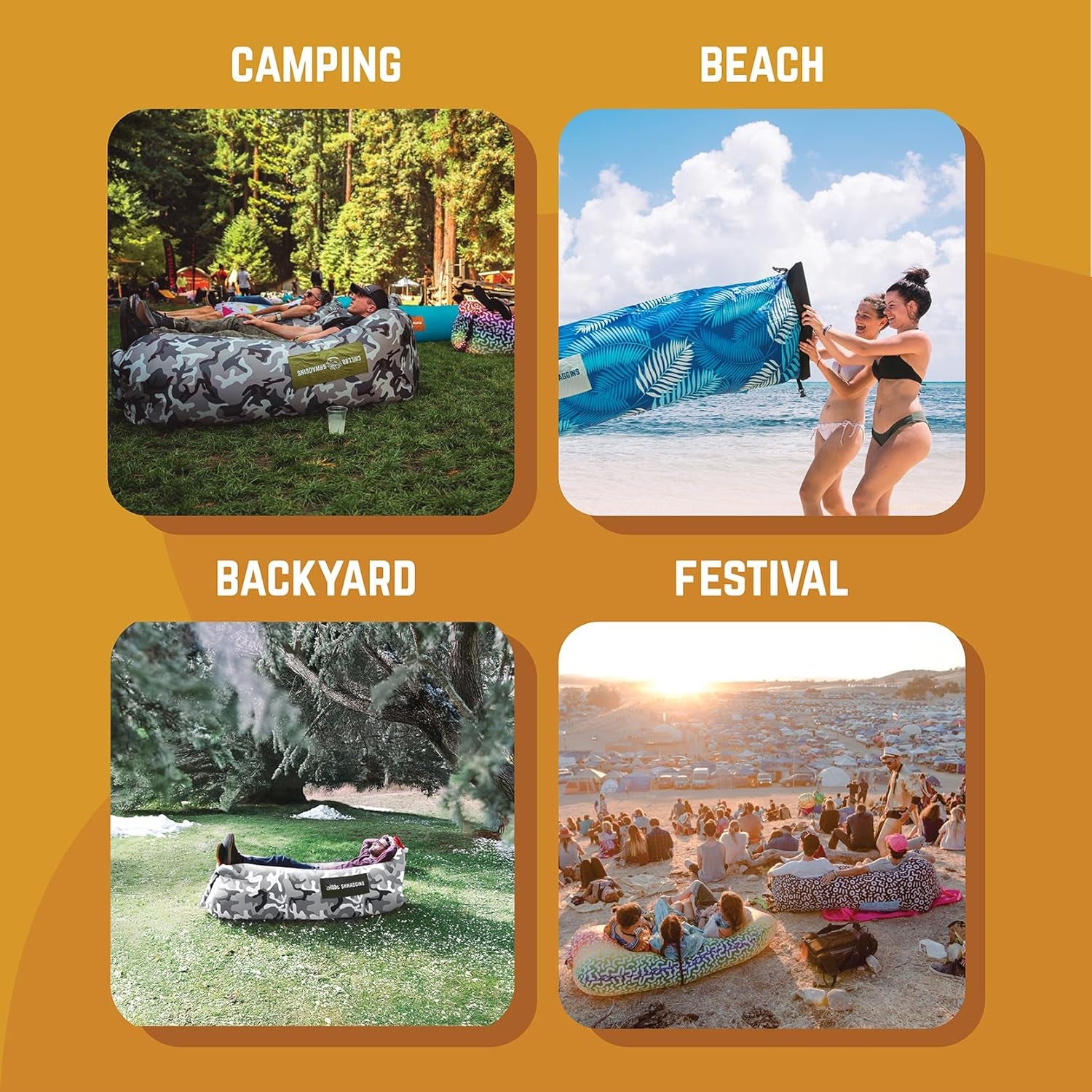 Shwaggins Inflatable Couch – No-Pump Setup, Ripstop Polyester, Stability Pegs, Fun Prints, Portable Air Lounger for Beach, Camping, Festivals, and Tailgating - Urban Camo