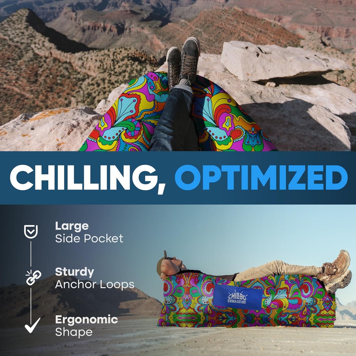 Shwaggins Inflatable Couch – No-Pump Setup, Ripstop Polyester, Stability Pegs, Fun Prints, Portable Air Lounger for Beach, Camping, Festivals, and Tailgating - 60S Psychedelic