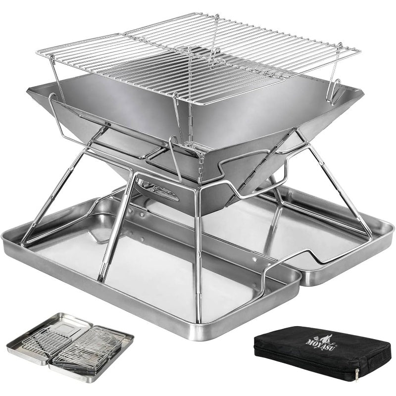 2-in-1 Portable Camping BBQ Grill | Stainless Steel Foldable Collapsible Charcoal Grill