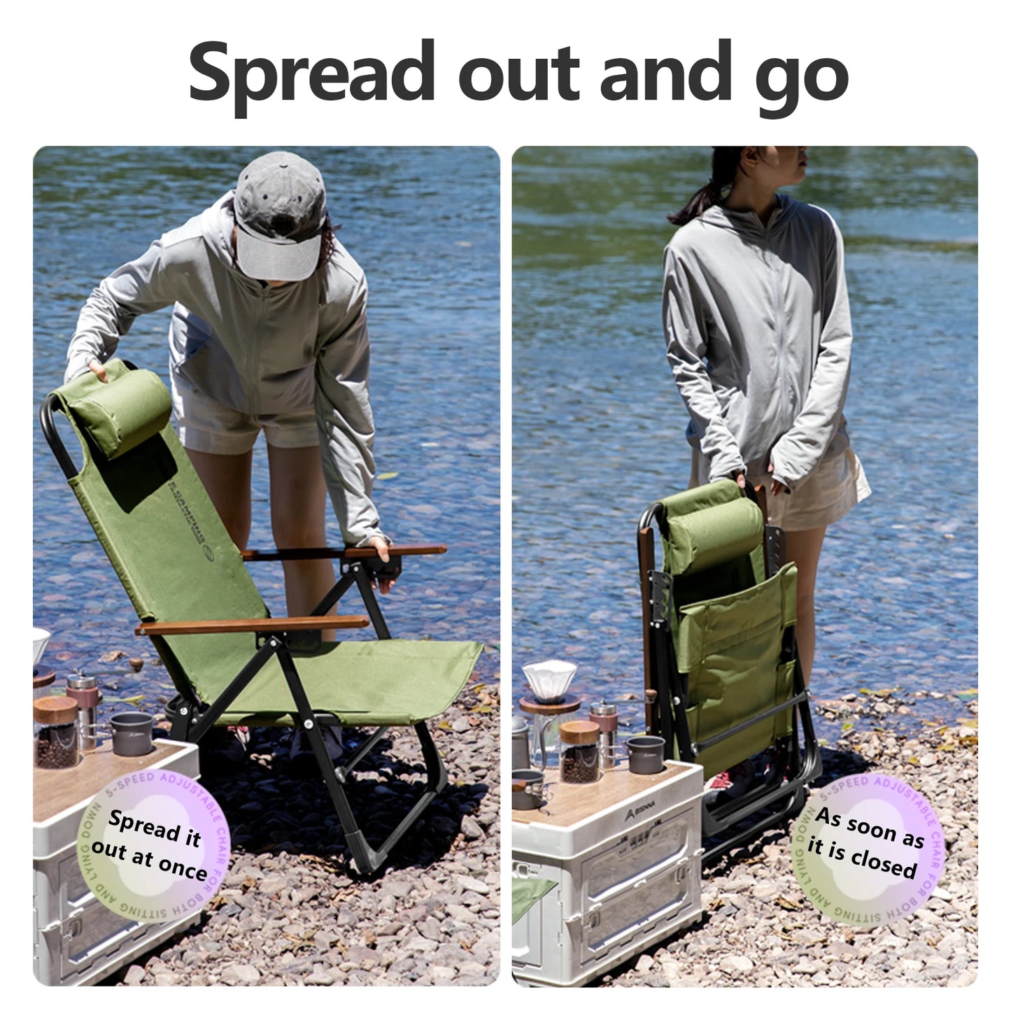 Camping Folding Chair Adjustable Armrest Portable Relaxing Chair with Detachable Pillow for Beach Travel Hiking
