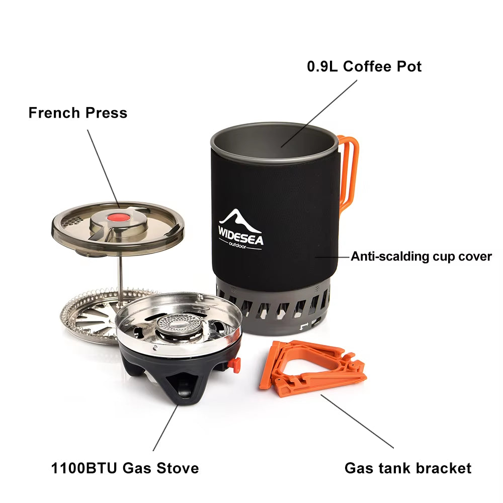 Camping Cooking System with Heat Exchanger Outdoor Gas Stove Burner Tourist Coffee Pot Cup Cookware Tableware Tourism