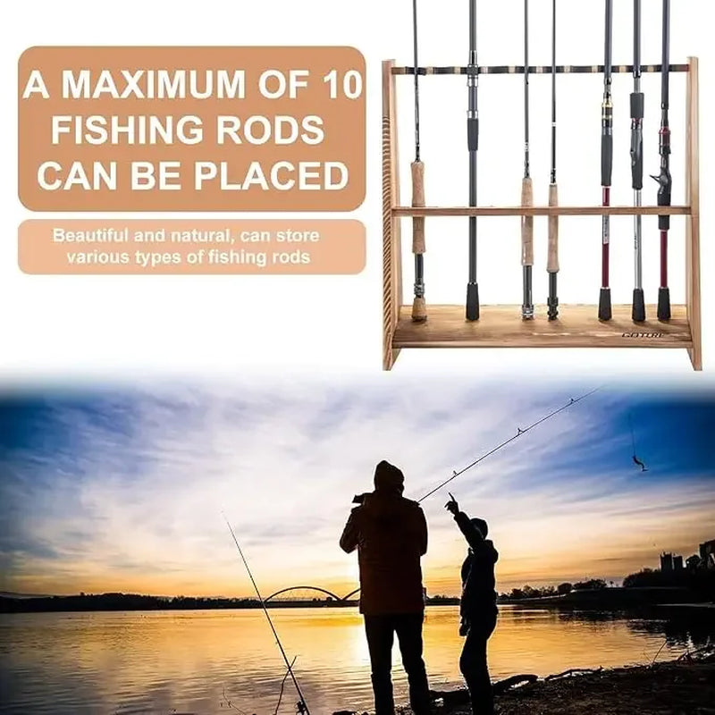 Pine Wood Fishing Rod Holder 10 Capacity Easy to Assemble Removable Fishing Pole Storage Organizer Display Stand