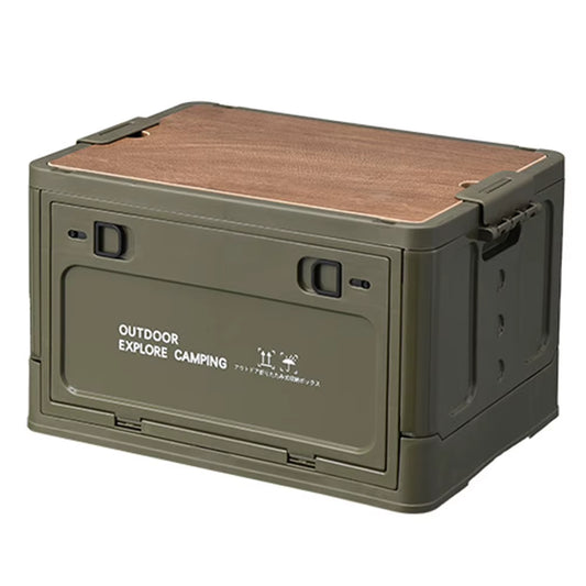 30L Collapsible Storage Bin with Wooden Lid Portable Storage Container Large Capacity Side Open Home Outdoor Store Camping Items