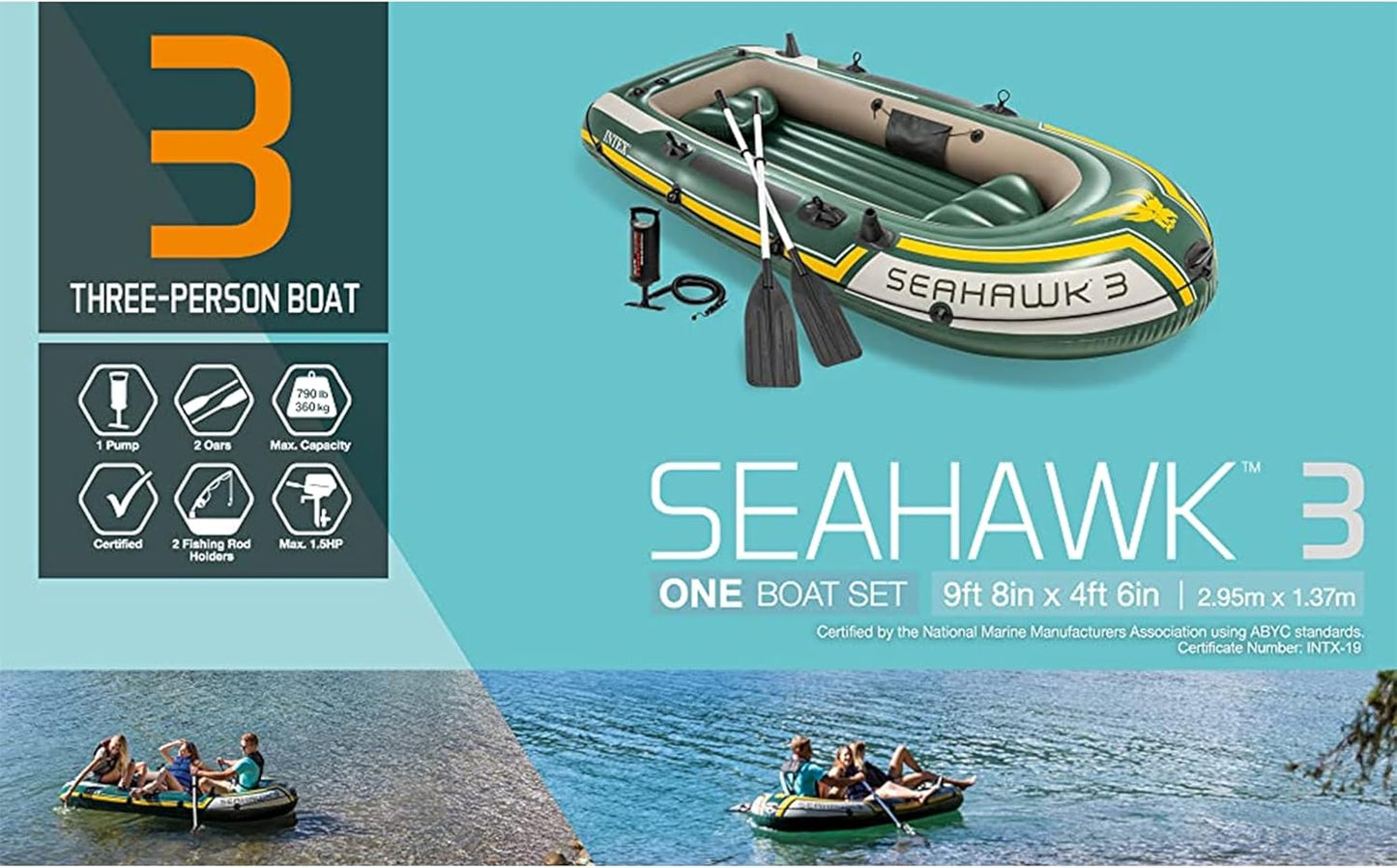 68380NP Seahawk 3 Inflatable Boat Set: Includes Deluxe 137 Cm Boat Oars and High-Output Pump – Superstrong PVC – Fishing Rod Holders – 3-Person – 358 Kg Weight Capacity