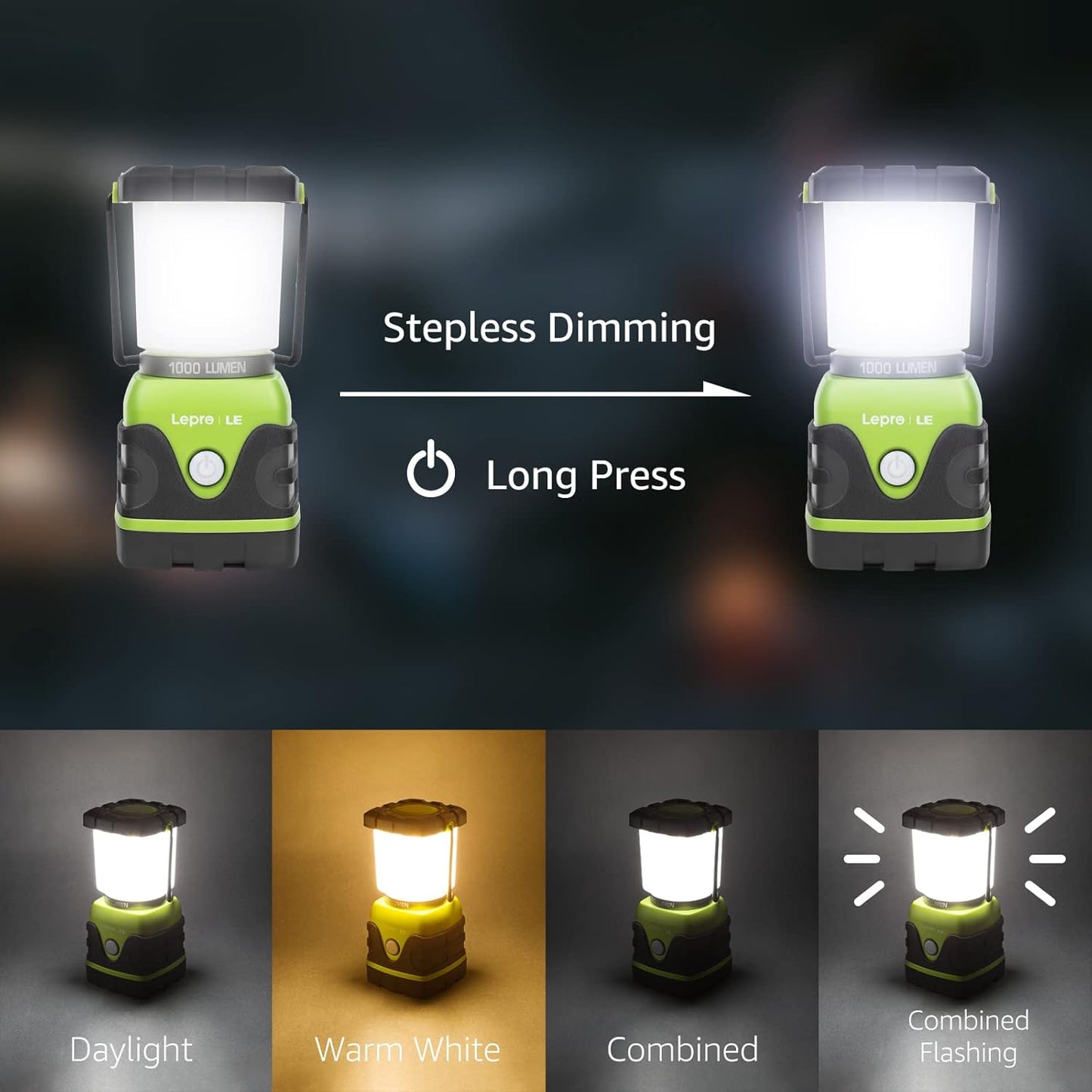 LE Camping Lantern, 1000 Lumen Camping Lights Battery Powered, Dimmable Warm to Cool White Modes, Tent Lights with Long Battery Life, Camping Accessories for Outdoors and Emergency, Pack of 2