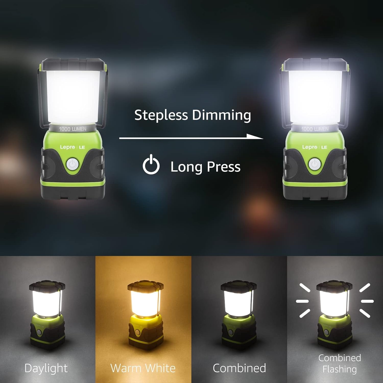 LE Camping Lantern, 1000 Lumen Camping Lights Battery Powered, Dimmable Warm to Cool White Modes, Tent Lights with Long Battery Life, Camping Accessories for Outdoors and Emergency, Pack of 2