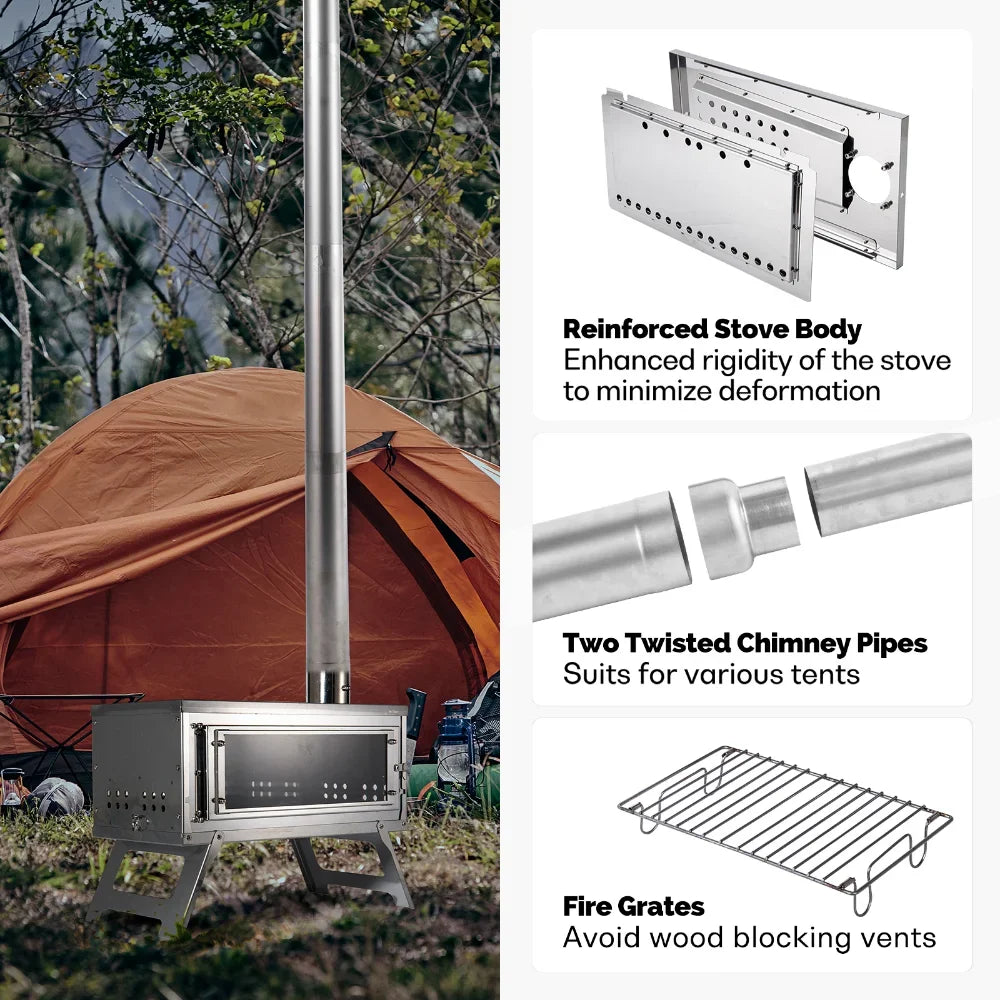 Portable Outdoor Stove Secondary Combustion with Chimney Fastfold Lightweight Compact Durable Folding Wood Burning for Camping
