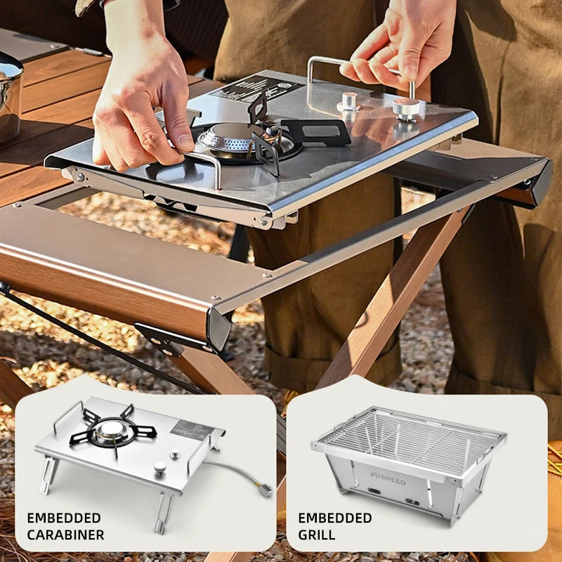 Outdoor Camping Folding Multifunctional IGT Wood Table Gas Stove Portable Lightweight Camp BBQ Grill Table Picnic Table