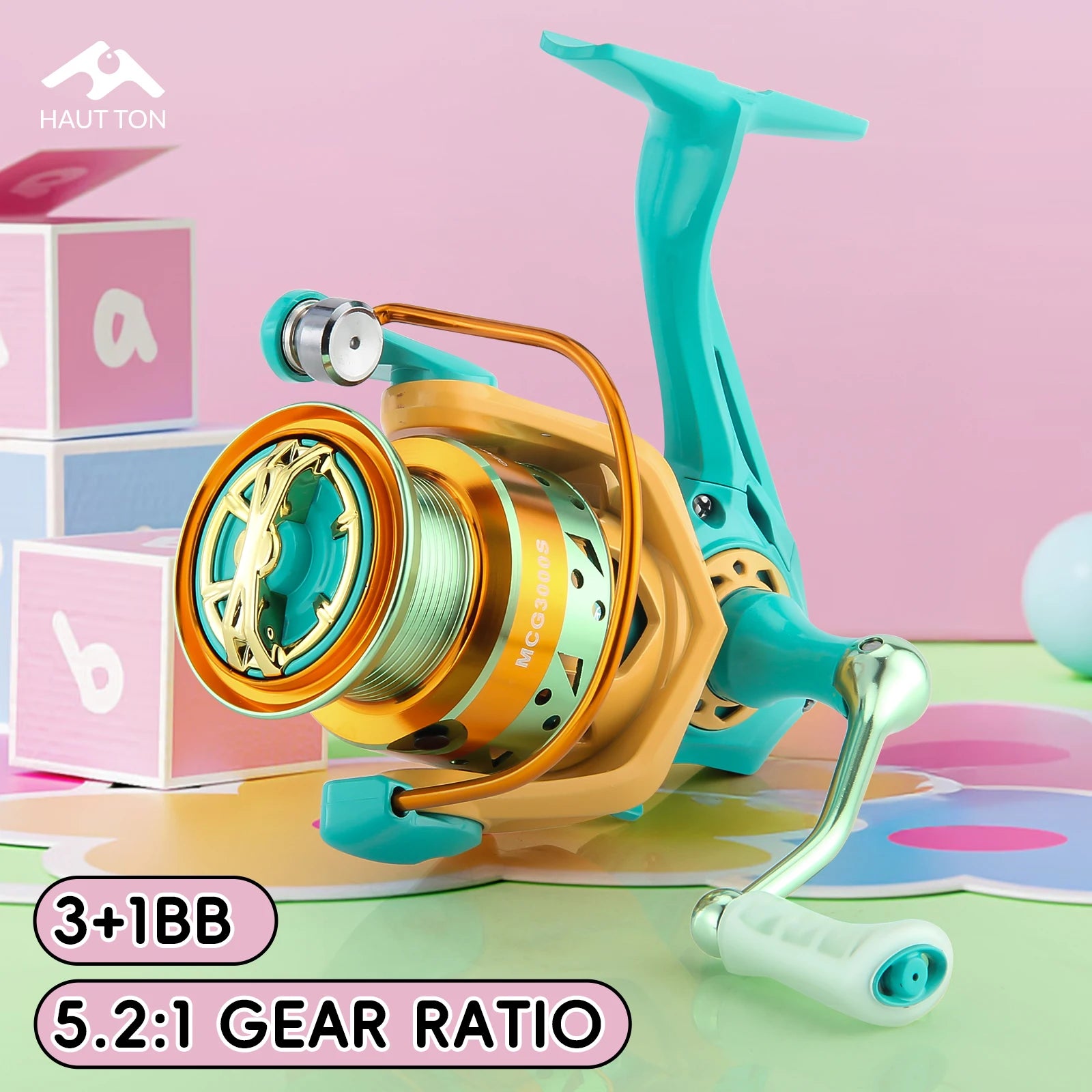 MCG1000-6000 Macaron Light Spinning Fishing Reel, 3+1BB, 5.2:1 Gear Ratio, 8Kg Max Drag, Durable Metal Spool&Rocker Arm