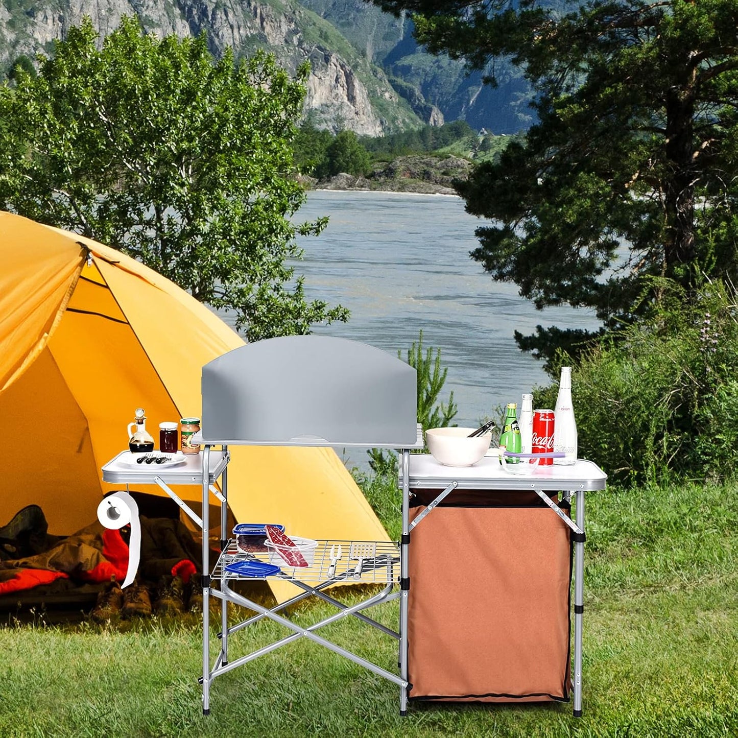 Folding Grill Table with 26'' Tabletop and Detachable Windscreen, Aluminum Portable Camp Cook Station Carry Bag Quick Set-Up, BBQ Camping Picnic Backyard Outdoor Camping Kitchen Table (Brown)