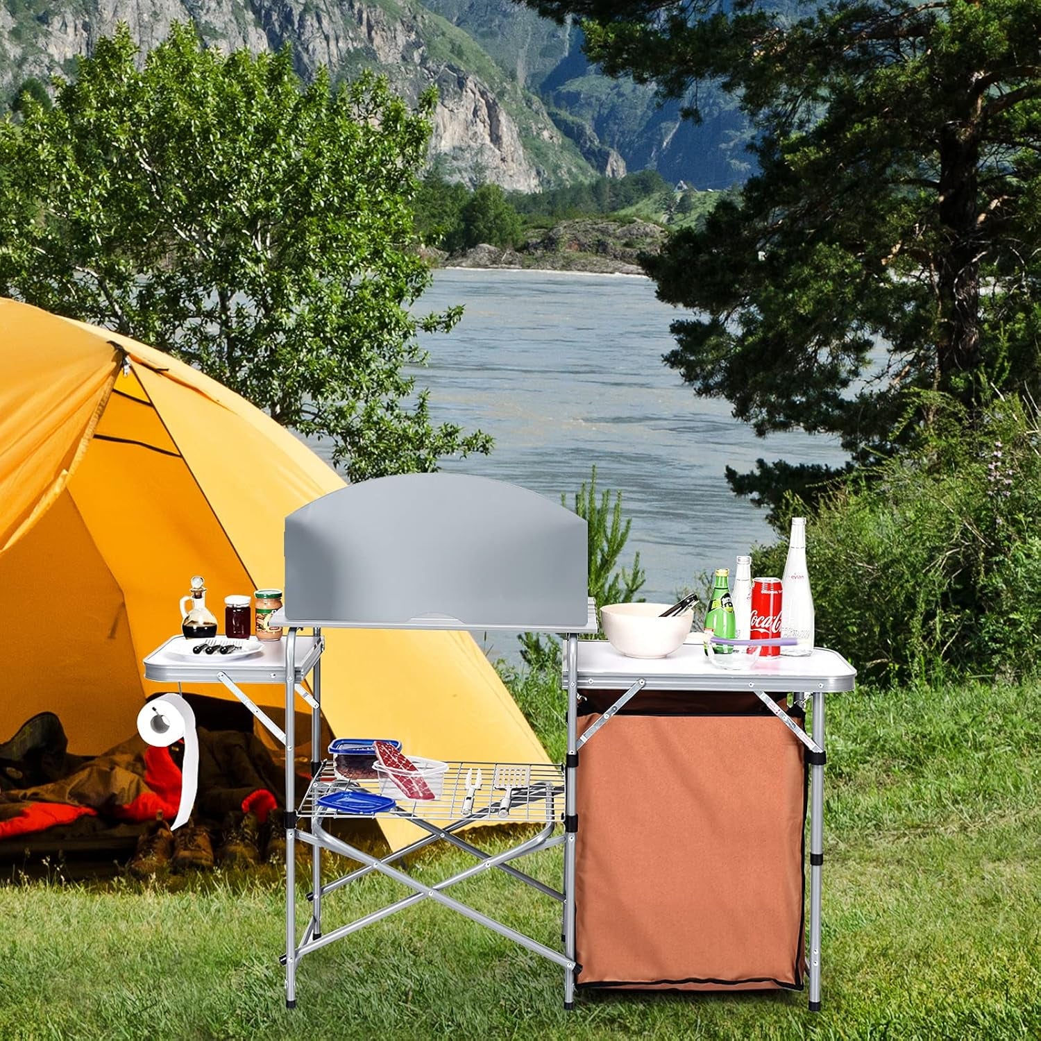 Folding Grill Table with 26'' Tabletop and Detachable Windscreen, Aluminum Portable Camp Cook Station Carry Bag Quick Set-Up, BBQ Camping Picnic Backyard Outdoor Camping Kitchen Table (Brown)