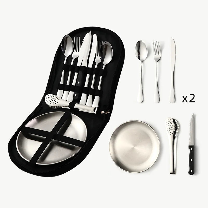 HDIRXG Stainless Steel Picnic Tableware 9-Piece Set Portable Camping Tourism Tableware Outdoor Nature Hike Cooking Supplies