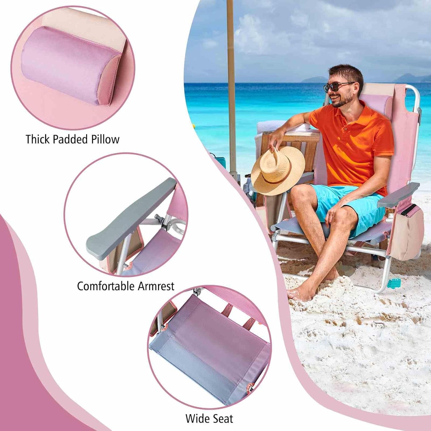 3-Piece Beach Chair Set, 5-Position Reclining Chairs, Outdoor Camping Chairs W/Folding Side Table, Folding Beach Chair and Table Set for Sunbathing, Fishing, No Assembly Required (Pink)