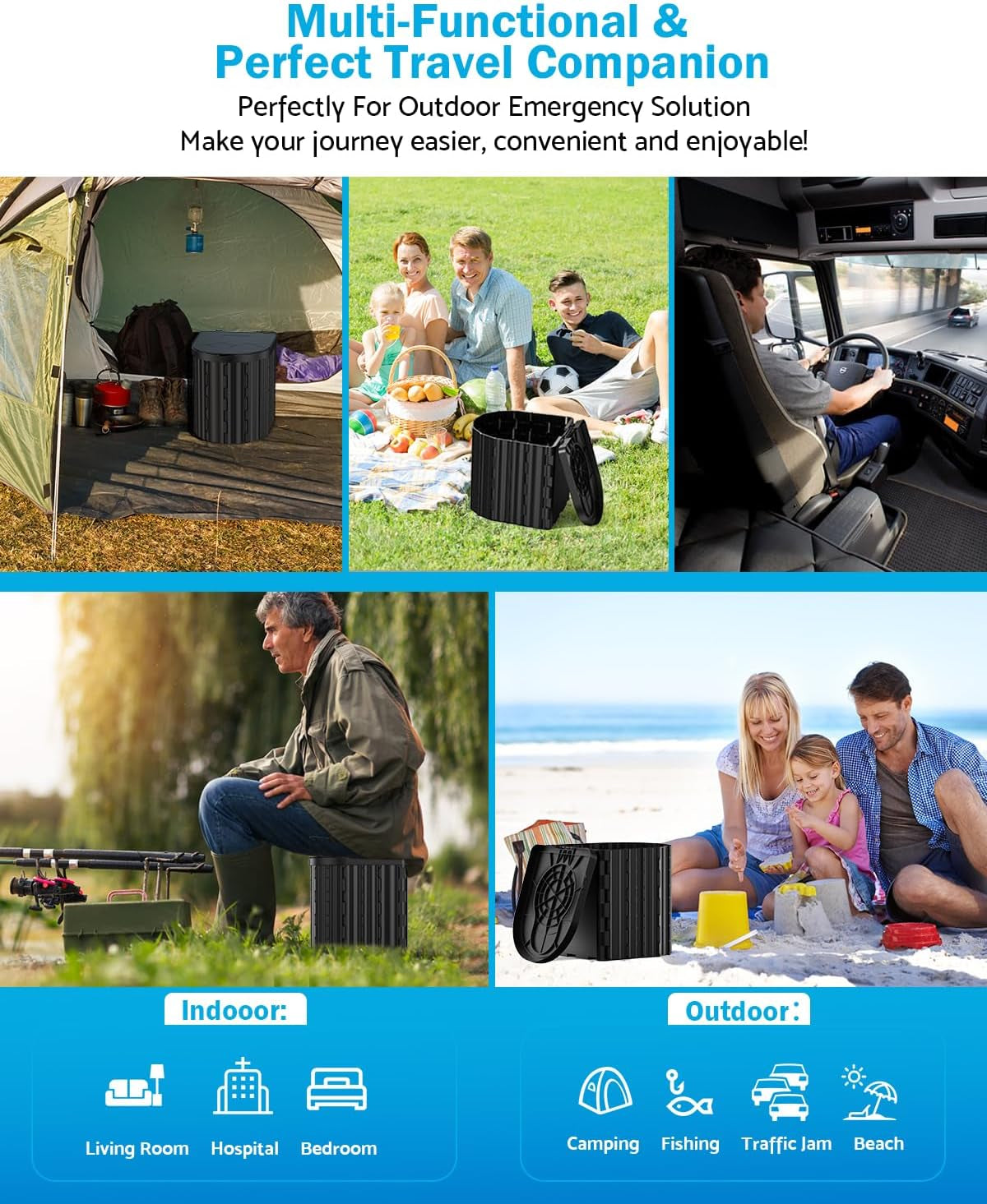 Portable Toilet, Upgraded 12-Inch Toilet Seat, Folding Toilet with Removable Paper Holder, Camping Toilet with a Load Capacity of 450 Lbs, Portable Potty for Indoor, Outdoor, and Emergency Use