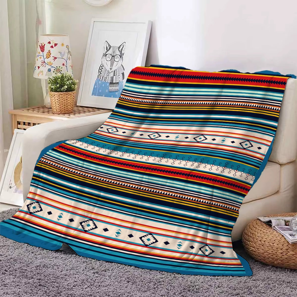 1PC Bohemian Stripes Pattern Printed Blanket, Suitable for Sofas, Beds, Offices, Travel, Camping Chairs, Warm Plush Blanket