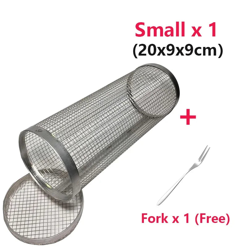 Rolling Grilling BBQ Basket Stainless Steel Leak proof Mesh Barbecue Rack Outdoor Picnic Camping Simple Cylindrical BBQ Grill