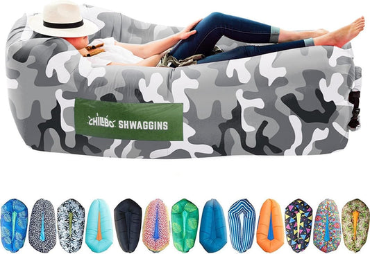 Shwaggins Inflatable Couch – No-Pump Setup, Ripstop Polyester, Stability Pegs, Fun Prints, Portable Air Lounger for Beach, Camping, Festivals, and Tailgating - Urban Camo