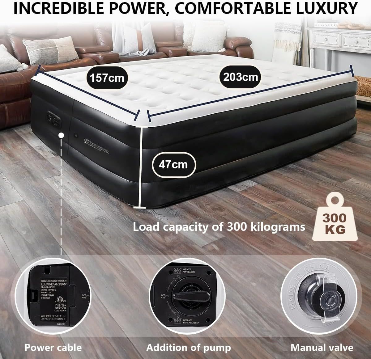Queen Size Air Mattress,Built-In Air Pump,Automatic Inflating/Deflating PVC Waterproof Material,Skin-Friendly Flocking Surface,203×152×47Cm,300Kg MAX, Suitable for Family Camping