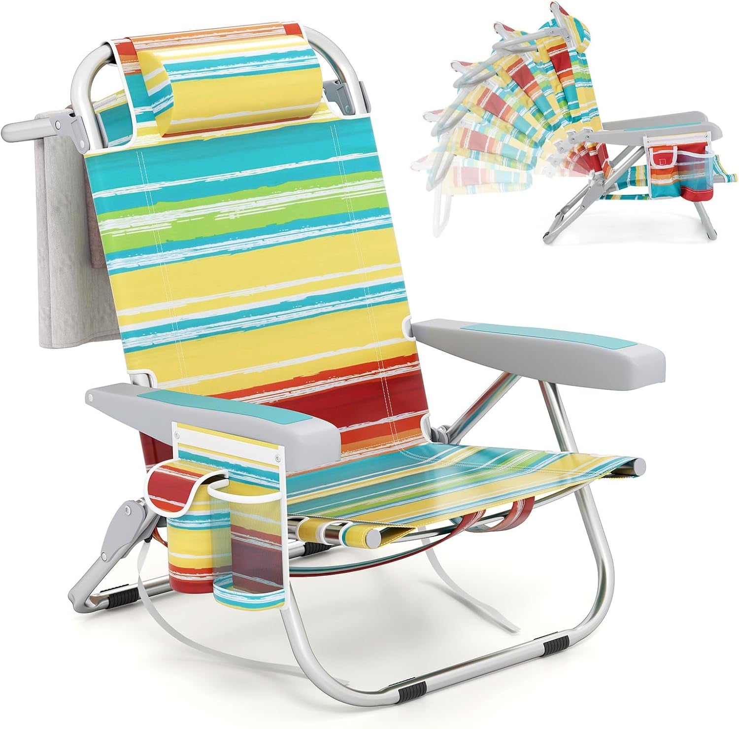 Backpack Beach Chair, Foldable Camping Chair with 5 Adjustable Position, Cup Holder, Storage Pockets, Straps, Towel Rack, Pillow, Lay Flat Lawn Chair for Patio Outdoor, Color Stripe