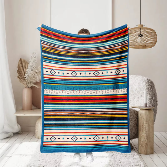 1PC Bohemian Stripes Pattern Printed Blanket, Suitable for Sofas, Beds, Offices, Travel, Camping Chairs, Warm Plush Blanket
