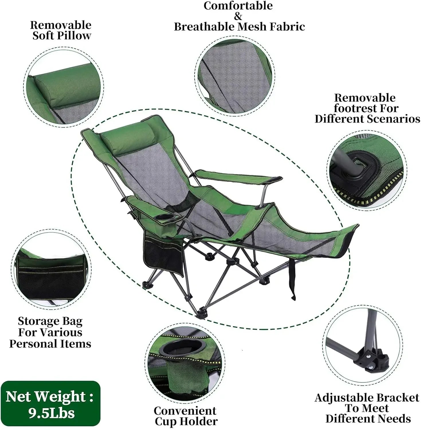 Camping Lounge Chair with Footrest,Headrest & Storage Bag