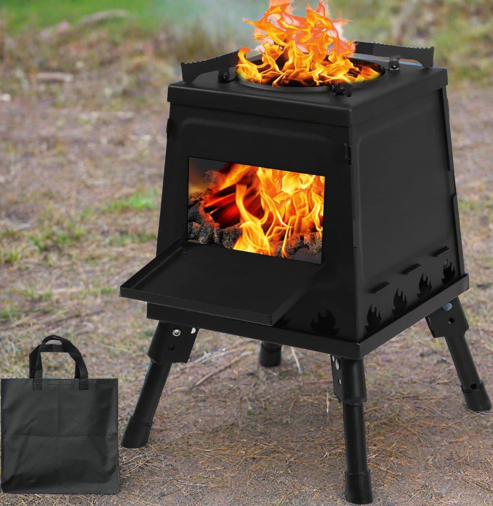 Wood Burning Camp Stove, Portable Cast Iron, Black Woodstove with Carrying Case