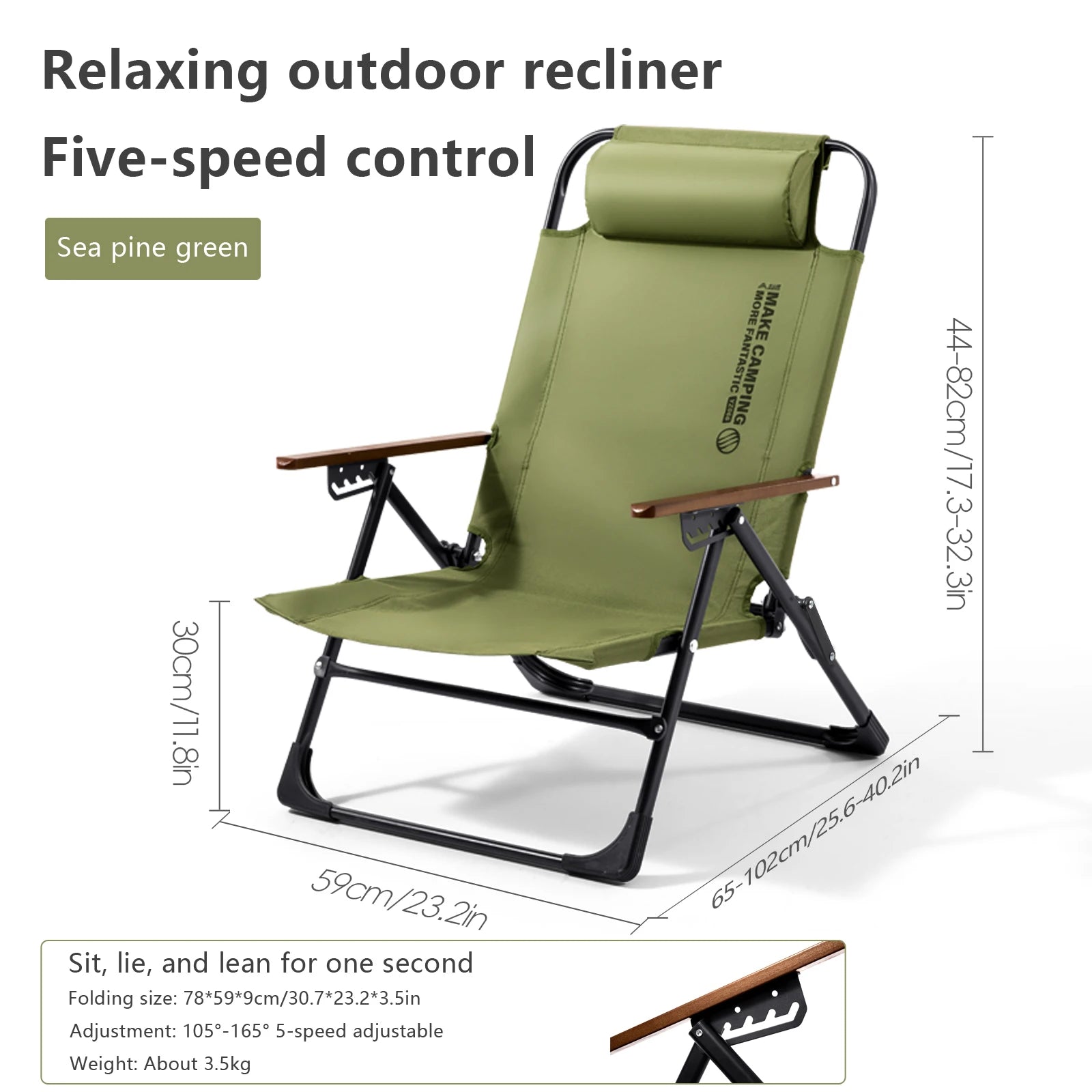 Camping Folding Chair Adjustable Armrest Portable Relaxing Chair with Detachable Pillow for Beach Travel Hiking