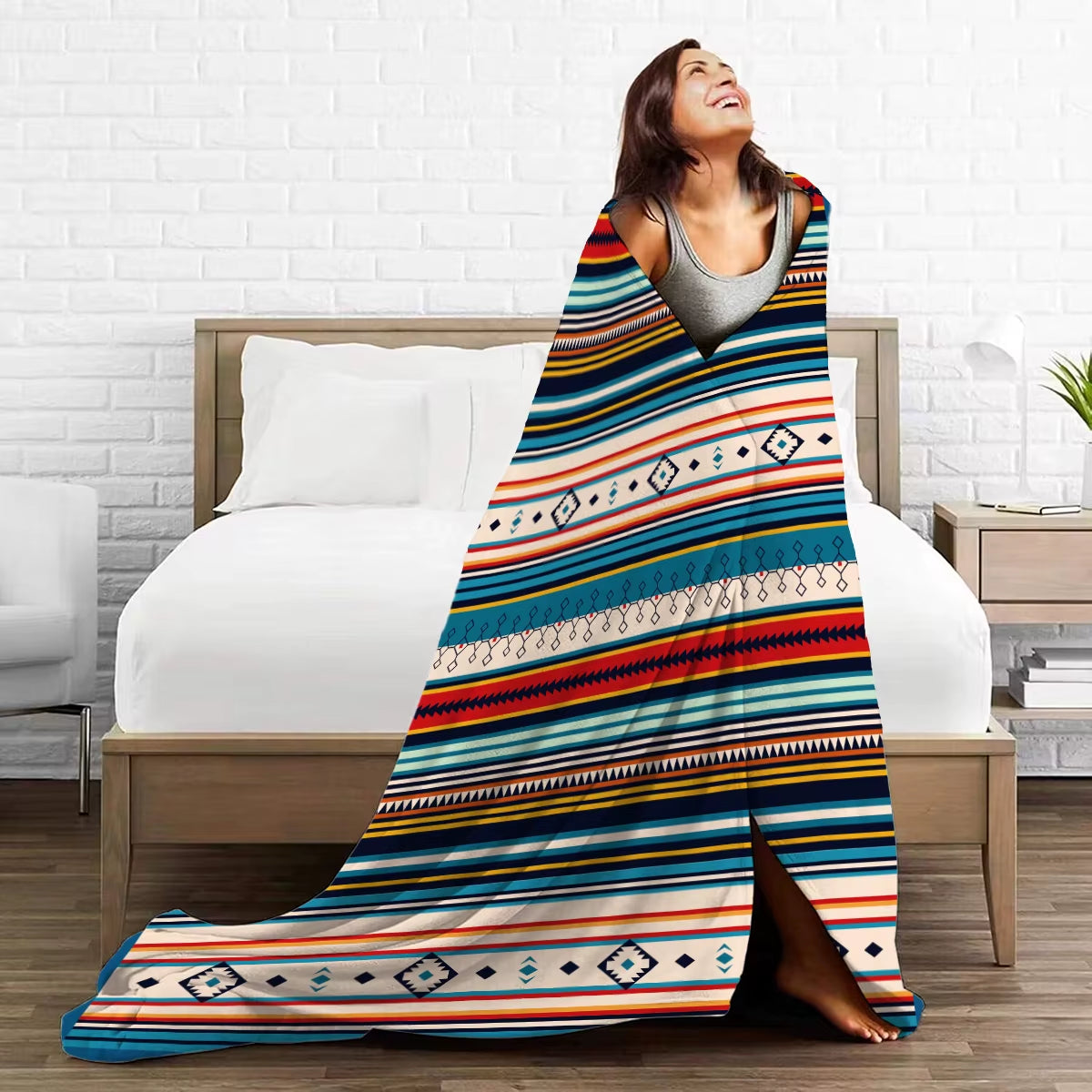 1PC Bohemian Stripes Pattern Printed Blanket, Suitable for Sofas, Beds, Offices, Travel, Camping Chairs, Warm Plush Blanket