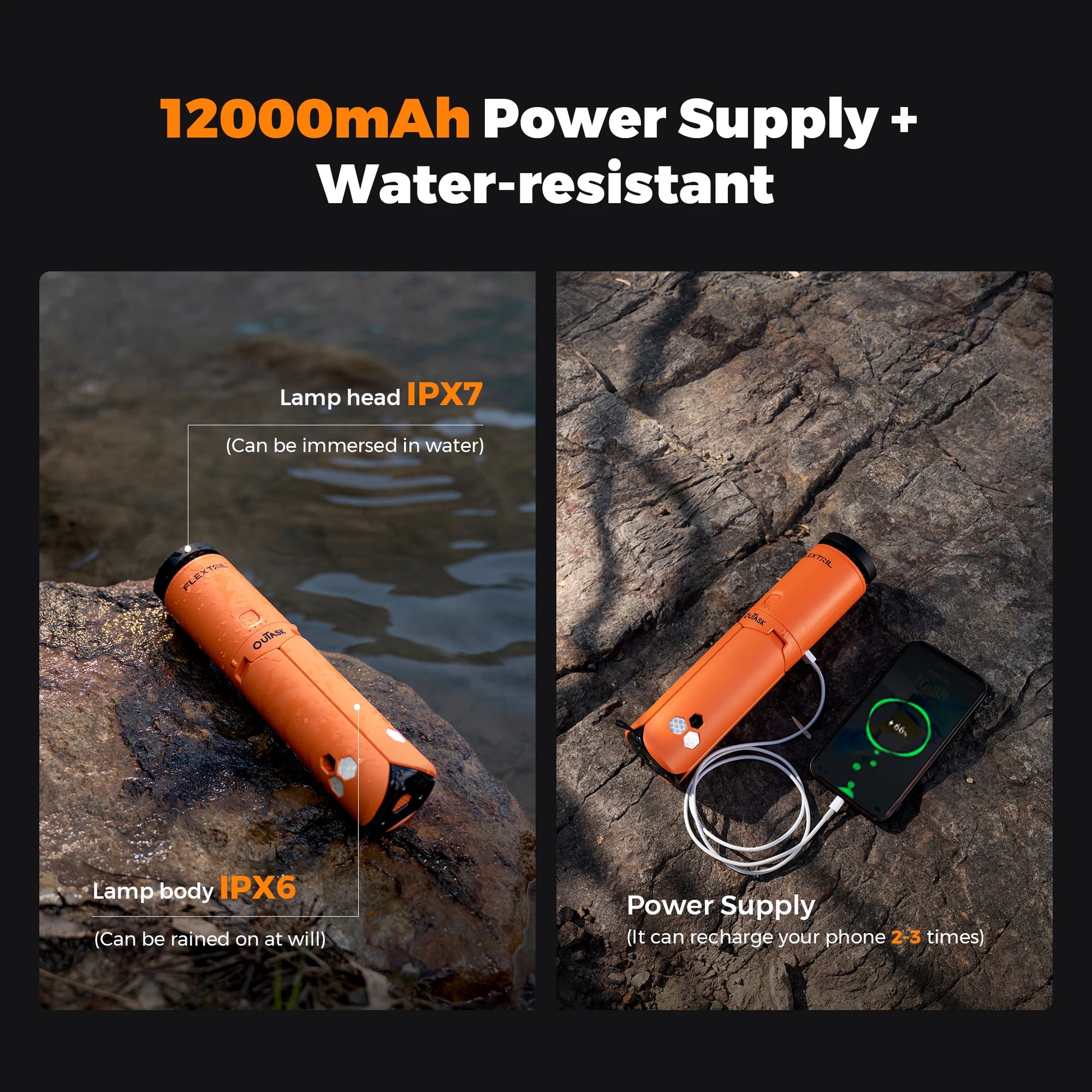 FLEXTAIL EVO LANTERN - FLEXTAIL X OUTASK Telescopic Magnetic Camping Lantern with 12000Mah Battery, IPX6/IPX7 Waterproof