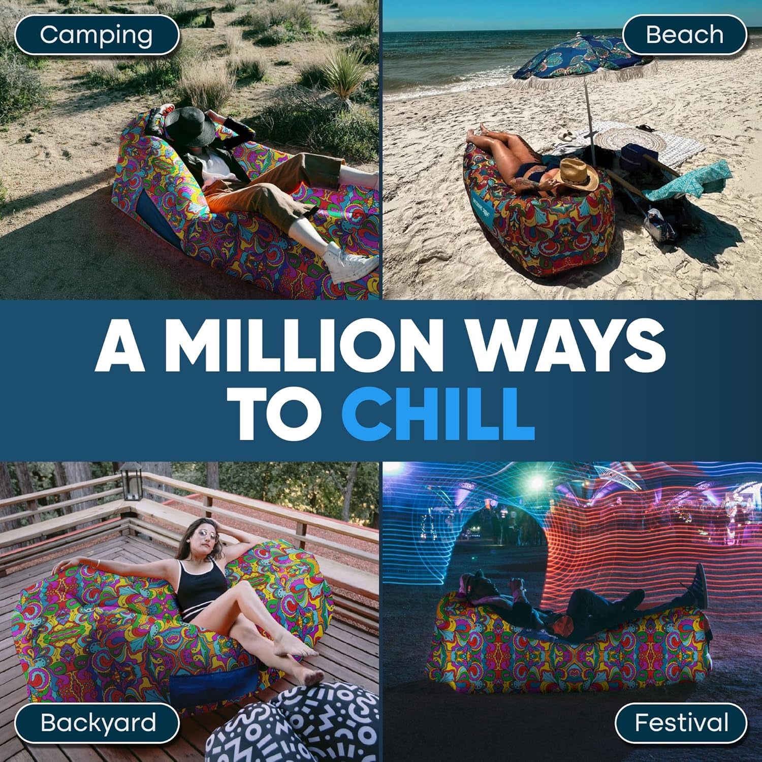 Shwaggins Inflatable Couch – No-Pump Setup, Ripstop Polyester, Stability Pegs, Fun Prints, Portable Air Lounger for Beach, Camping, Festivals, and Tailgating - 60S Psychedelic