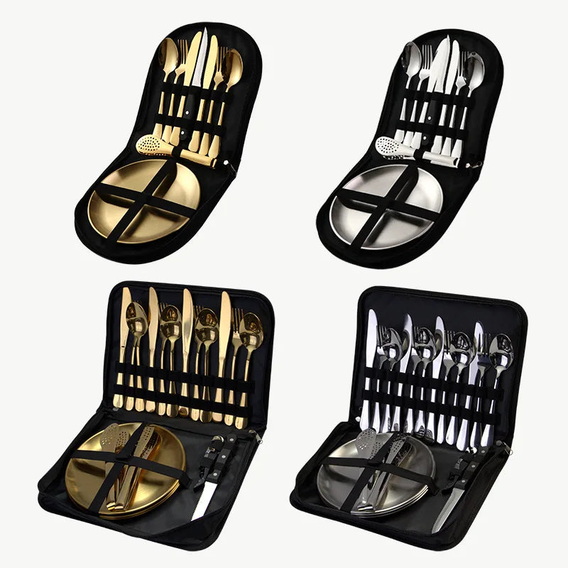 HDIRXG Stainless Steel Picnic Tableware 9-Piece Set Portable Camping Tourism Tableware Outdoor Nature Hike Cooking Supplies