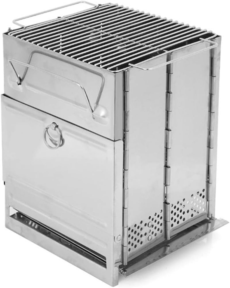 Camping Wood Stove, Wood Burning Folding Camp Titanium Stove Stainless Steel Grid, Portable Collapsible Backpacking Stove Survival Barbecue Grill for Hiking Outdoor Tent Camping Picnic BBQ