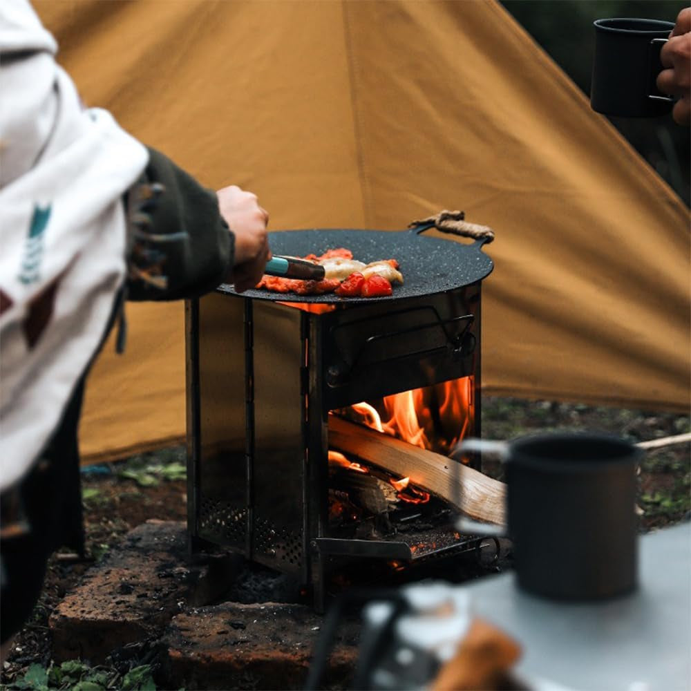 Camping Wood Stove, Wood Burning Folding Camp Titanium Stove Stainless Steel Grid, Portable Collapsible Backpacking Stove Survival Barbecue Grill for Hiking Outdoor Tent Camping Picnic BBQ