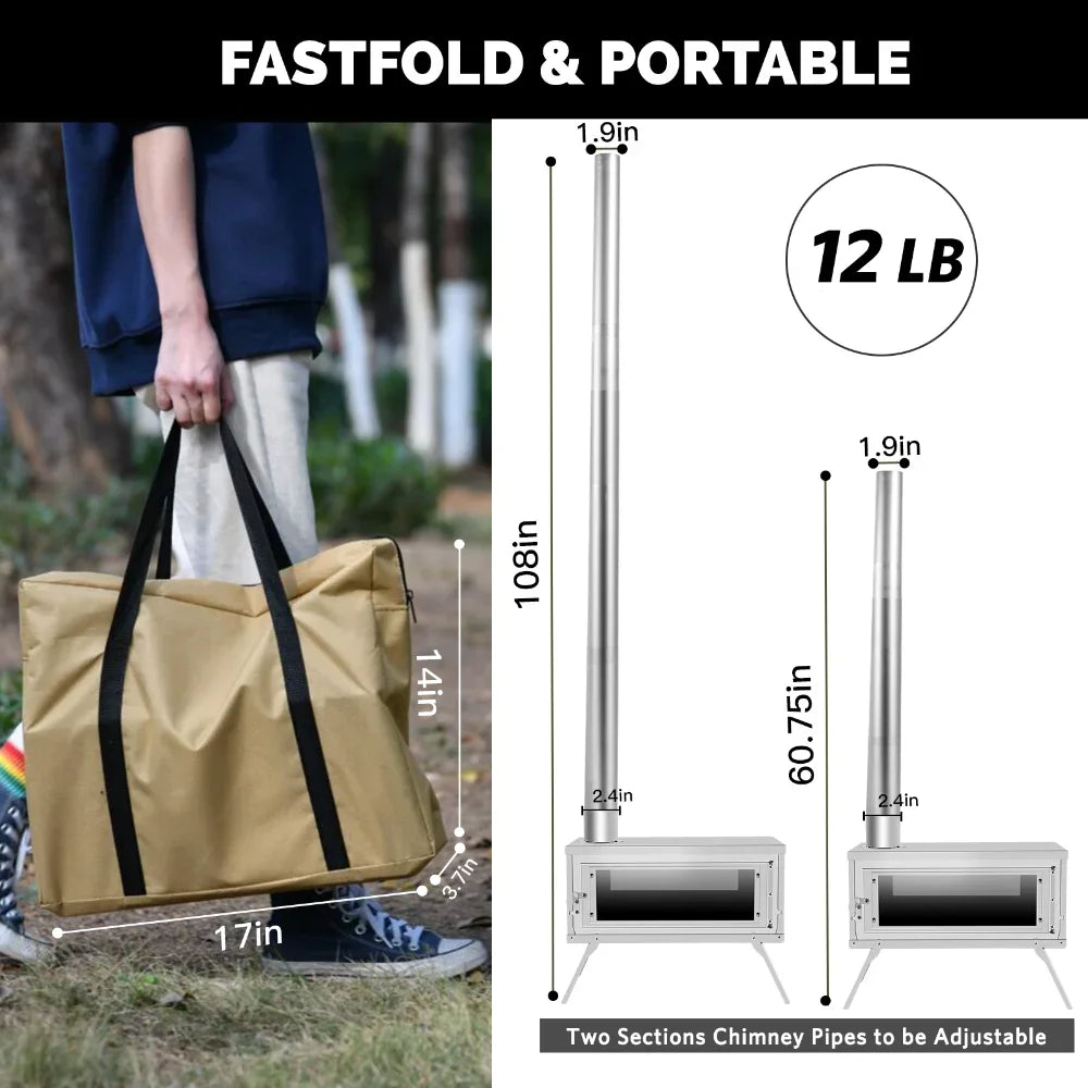 Portable Outdoor Stove Secondary Combustion with Chimney Fastfold Lightweight Compact Durable Folding Wood Burning for Camping